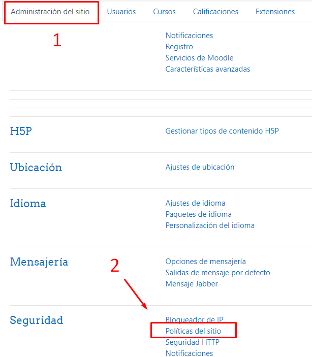 politicas del sitio Moodle