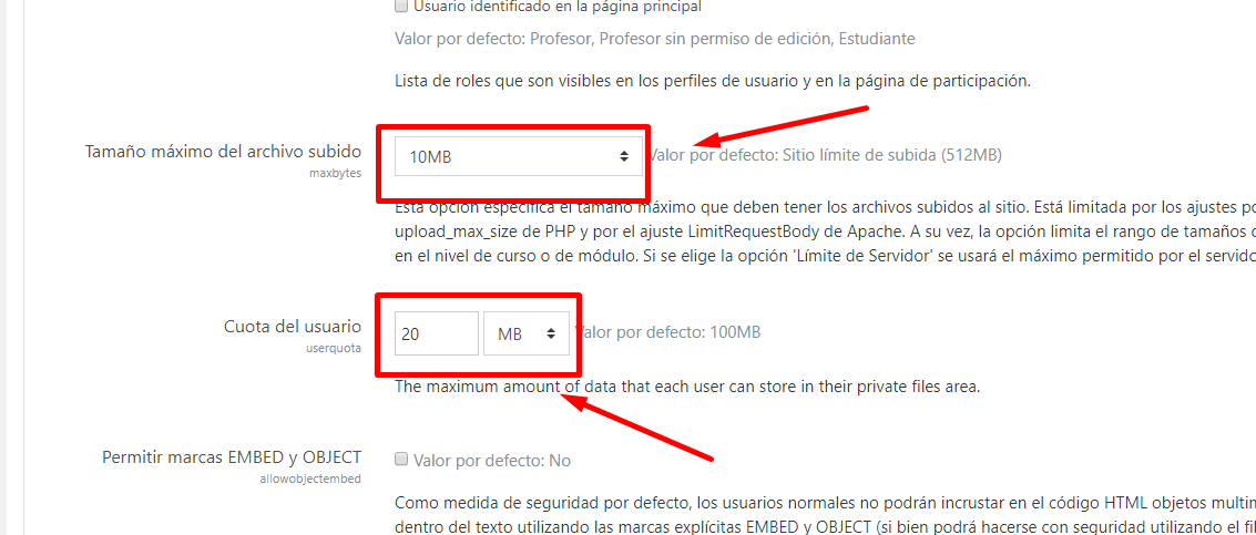 tamaño subida de archivos moodle