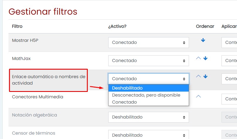 deshabilitar auto-enlace en moodle